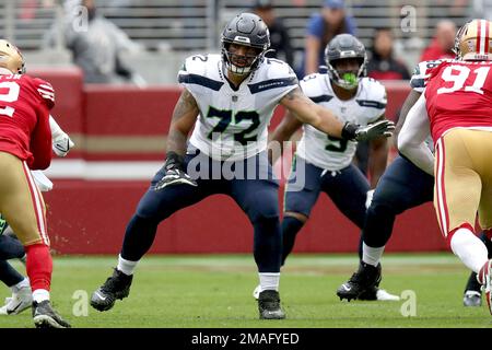 Seattle Seahawks offensive lineman Abraham Lucas is pictured during an NFL  football game against the Atlanta Falcons, Sunday, Sept. 25, 2022, in  Seattle. The Falcons won 27-23. (AP Photo/Stephen Brashear Stock Photo -  Alamy