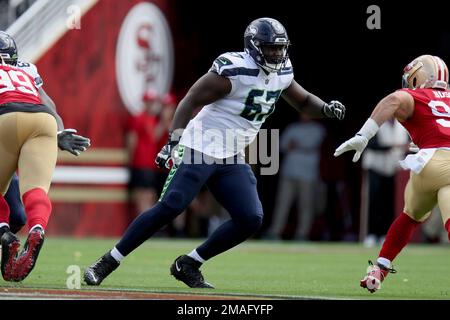 Seattle Seahawks offensive tackle Charles Cross (67) during an NFL football  game against the Arizona Cardinals, Sunday, Oct. 16, 2022, in Seattle, WA.  The Seahawks defeated the Cardinals 19-9. (AP Photo/Ben VanHouten