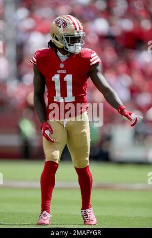 San Francisco 49ers wide receiver Brandon Aiyuk (11) runs against the Los  Angeles Rams during the second half of an NFL football game in Santa Clara,  Calif., Monday, Oct. 3, 2022. (AP