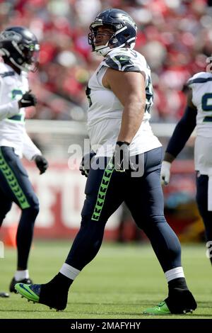 Seattle Seahawks defensive tackle Al Woods (99) is on the sideline as his  team plays against the Pittsburgh Steelers in an NFL football game, Sunday,  Oct.17, 2021, in Pittsburgh. (AP Photo/Don Wright