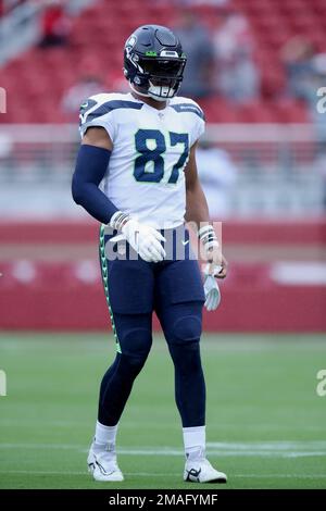 Seattle Seahawks tight end Noah Gindorff (46) and tight end Colby Parkinson  (84) walk off the