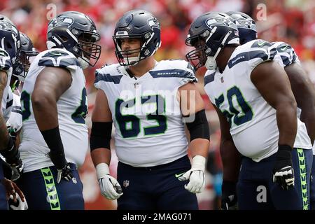 Seattle Seahawks guard Gabe Jackson (66) stands on the field during the  first half of an