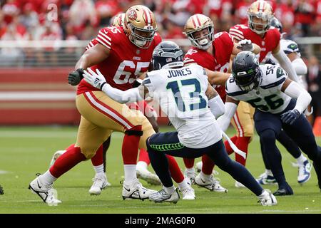 San Francisco 49ers guard Aaron Banks (65) against the Los Angeles