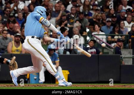 Milwaukee Brewers' Garrett Mitchell warms up before a baseball game against  the St. Louis Cardinals Friday, April 7, 2023, in Milwaukee. (AP  Photo/Aaron Gash Stock Photo - Alamy