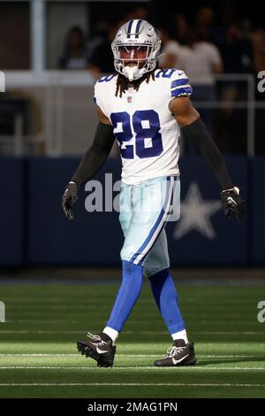 Safety (28) Malik Hooker of the Dallas Cowboys warms up before playing  against the Los Angeles Rams in an NFL football game, Sunday, Oct. 9, 2022,  in Inglewood, Calif. Cowboys won 22-10. (