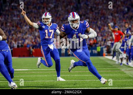 Buffalo Bills fullback Reggie Gilliam (41) runs for a touchdown during the  first half of an NFL football game against the Tennessee Titans Monday,  Sept. 19, 2022, in Orchard Park, N.Y. (AP