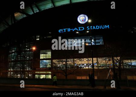 Manchester, UK. 19th Jan, 2023. External view of the Etihad Stadium ahead of the Premier League match Manchester City vs Tottenham Hotspur at Etihad Stadium, Manchester, United Kingdom, 19th January 2023 (Photo by Conor Molloy/News Images) in Manchester, United Kingdom on 1/19/2023. (Photo by Conor Molloy/News Images/Sipa USA) Credit: Sipa USA/Alamy Live News Stock Photo