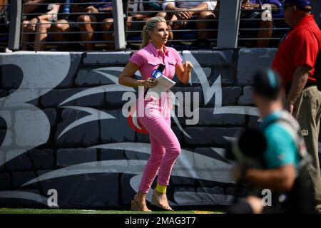 CBS Sports reporter Melanie Collins reports prior to an NFL football game  between the Miami Dolphins and the Baltimore Ravens, Sunday, Sept. 18,  2022, in Baltimore. (AP Photo/Nick Wass Stock Photo - Alamy