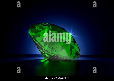 Beautiful Shiny Green Emerald Diamond on Black Blue Background - 3D Illustration Rendering Stock Photo