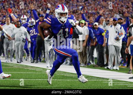 Buffalo Bills fullback Reggie Gilliam (41) rushes the punter during the  first half of an NFL football game against the Houston Texans in Orchard  park, N.Y., Sunday Oct. 3, 2021. (AP/ Photo