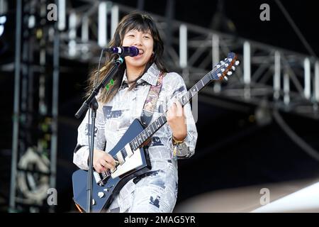 Lucia de la Garza of The Linda Lindas performs on day three of Riot