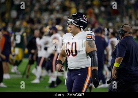 Chicago Bears guard Dieter Eiselen (60) Chicago Bears wide receiver Ihmir  Smith-Marsette (17) before their game against the Green Bay Packers Sunday,  Sept. 18, 2022, in Green Bay, Wis. (AP Photo/Jeffrey Phelps