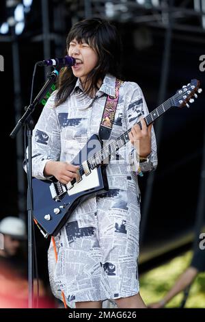 Lucia de la Garza of The Linda Lindas performs on day three of Riot
