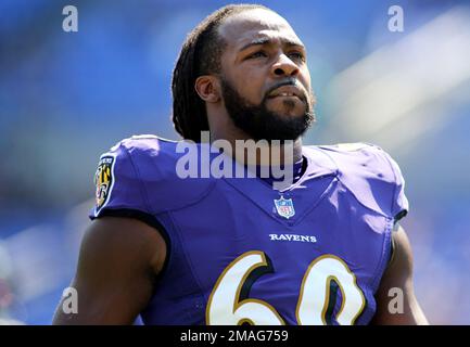 Baltimore Ravens linebacker Steven Means (60) looks on during the first  half of an preseason NFL football game against the Tennessee Titans,  Thursday, Aug. 11, 2022, in Baltimore. (AP Photo/Nick Wass Stock