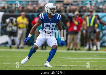 Indianapolis Colts linebacker Bobby Okereke (58) lines up on defense during  an NFL football game against the Washington Commanders, Sunday, Oct. 30,  2022, in Indianapolis. (AP Photo/Zach Bolinger Stock Photo - Alamy