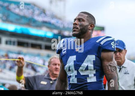 Indianapolis Colts linebacker Zaire Franklin speaks to the media as the  players reported to the NFL team's football training camp in Westfield,  Ind., Tuesday, July 27, 2021. Practice open on Wednesday. (AP