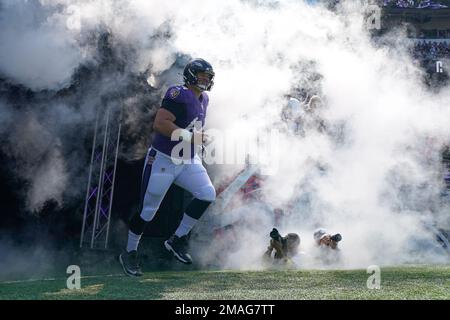 Baltimore Ravens center Tyler Linderbaum (64) looks on before a preseason  NFL football game against the Washington Commanders, Saturday, Aug. 27,  2022, in Baltimore. (AP Photo/Nick Wass Stock Photo - Alamy