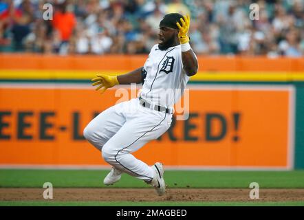 Detroit Tigers' Akil Baddoo plays during a baseball game, Monday, Aug. 7,  2023, in Detroit. (AP Photo/Carlos Osorio Stock Photo - Alamy