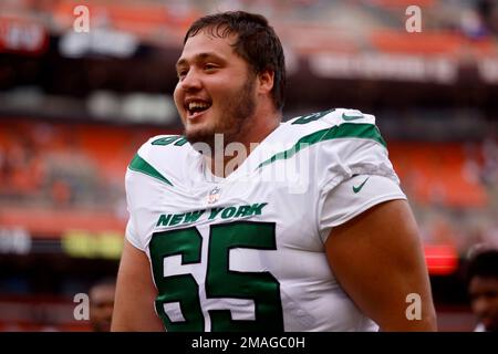 New York Jets guard Nate Herbig (71) walks off the field after an