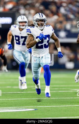 Running back (23) Rico Dowdle of the Dallas Cowboys warms up before playing  against the Los Angeles Rams in an NFL football game, Sunday, Oct. 9, 2022,  in Inglewood, Calif. Cowboys won