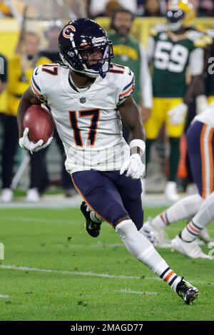 Chicago Bears wide receiver Ihmir Smith-Marsette (17) in action during the  first half of an NFL football game against the Minnesota Vikings, Sunday,  Oct. 9, 2022 in Minneapolis. (AP Photo/Stacy Bengs Stock