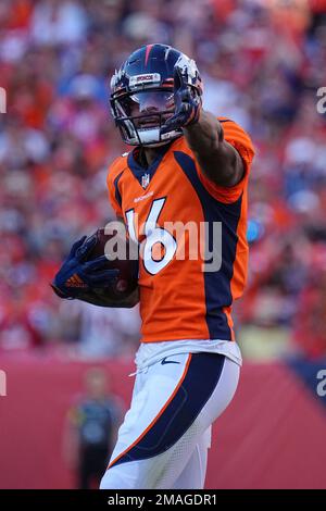 Denver Broncos wide receiver Tyrie Cleveland (16) runs a play against the  Indianapolis Colts during the first half of an NFL football game, Thursday,  Oct. 6, 2022, in Denver. (AP Photo/Jack Dempsey