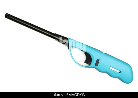 Light blue gas lighter gun isolated on white background. Propane,butane, barbecue starter ignition Stock Photo