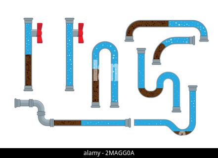 A vector stock illustration with clogged pipe and trash inside isolated on a white background. The sectional pipe is blocked, water sludge. A flat sto Stock Vector