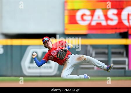 Philadelphia Phillies' Alec Bohm hits a two run home run during the seventh  inning of a baseball game against the Washington Nationals, Sunday, Sept.  11, 2022, in Philadelphia. (AP Photo/Laurence Kesterson Stock