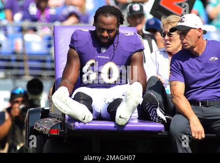 Baltimore Ravens linebacker Steven Means (60) looks on during the first  half of an preseason NFL football game against the Tennessee Titans,  Thursday, Aug. 11, 2022, in Baltimore. (AP Photo/Nick Wass Stock