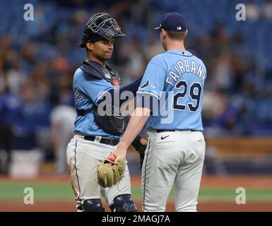 ST. PETERSBURG, FL - APRIL 24: Tampa Bay Rays Catcher Christian Bethancourt  (14) is pumped up after getting a key hit during the MLB regular season  game between the Houston Astros and