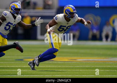 Linebacker (58) Justin Hollins of the Los Angeles Rams against the Dallas  Cowboys in an NFL football game, Sunday, Oct. 9, 2022, in Inglewood, Calif.  Cowboys won 22-10. (AP Photo/Jeff Lewis Stock Photo - Alamy