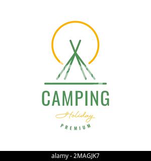 holiday camping tent forest sunset line geometric hipster colored logo design vector icon illustration template Stock Vector