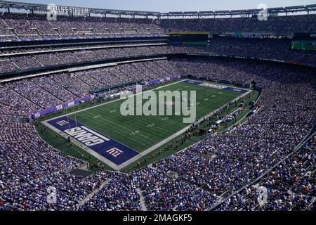 A general overall interior view of MetLife Stadium as the New York Giants  take on the Carolina Panthers during the first half an NFL football game,  Sunday, Sept. 18, 2022, in East