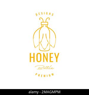 bee wings with honey bottle nutrition line hipster logo design vector icon illustration template Stock Vector