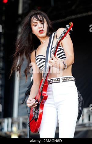 Jen Razavi of The Bombpops performs on day three of Riot Fest on Sunday