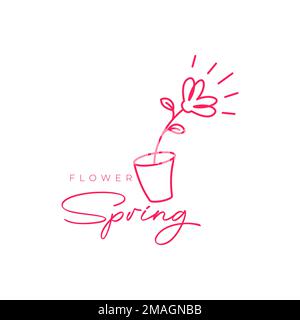 feminine flower plant spring vase pots decor garden line minimal logo design vector icon illustration template Stock Vector