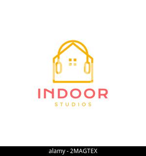 minimalist home house with headset music studios logo design vector icon illustration template Stock Vector