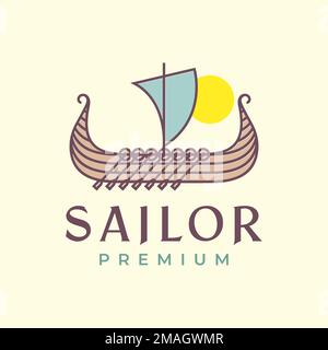 ancient greece sailing boat sailor colored vintage logo design vector icon illustration template Stock Vector