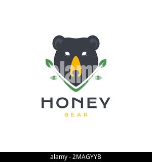 face honey bear forest leaves scare black logo design icon illustration template Stock Vector