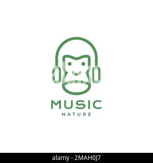 face gorilla with headset hearing music nature instrument mascot cute minimal logo design vector icon illustration template Stock Vector