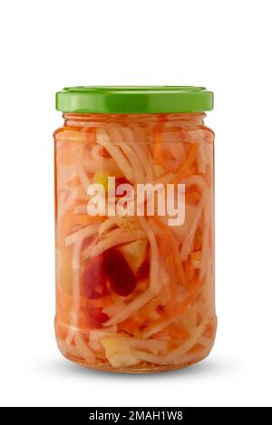Pickled vegetable salad with white wine vinegar in glass jar isolated on white, clipping path included Stock Photo