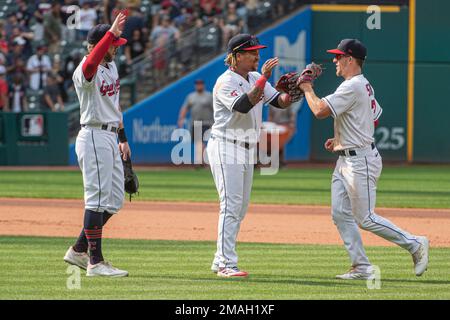 Cleveland, United States. 26th June, 2022. CLEVELAND, OH - JUNE 26:  Cleveland Guardians third baseman Jose Ramirez (11) singles to center field  in the third inning against the Boston Red Sox at