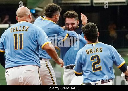 Milwaukee Brewers' Garrett Mitchell celebrates after hitting a home run  during the sixth inning of a baseball game against the New York Mets  Tuesday, April 4, 2023, in Milwaukee. (AP Photo/Morry Gash