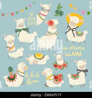 Cute Llamas with funny Quotes. Funny Characters Stock Vector