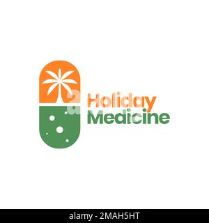 pill medicine busy day holidays coconut tree beach nature logo design vector icon illustration template Stock Vector