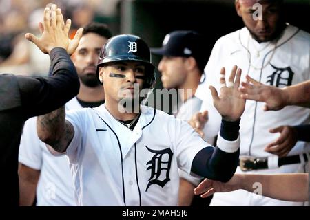 Toronto, Canada. 13th Apr, 2023. Detroit Tigers shortstop Javier Baez (28)  celebrates a double in second inning MLB American League baseball action  against the Toronto Blue Jays in Toronto on Thursday, April