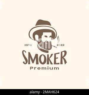 old guy bearded legend hat smoking cigar relax happiness vintage logo design vector icon illustration template Stock Vector
