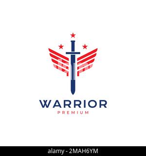 sword warrior war legend wings stars logo design vector icon illustration template Stock Vector