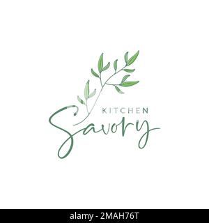 plant leaves savory herb food spice kitchen cooking logo design vector icon illustration template Stock Vector